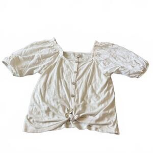 Cream Button Tie Front Blouse Puff Sleeve Cottage Soft Girl L